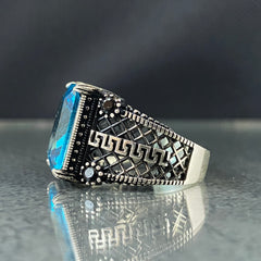 Blue Aquamarine Stone 925 Silver Men Ring