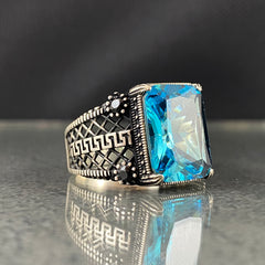 Blue Aquamarine Stone 925 Silver Men Ring