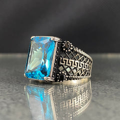 Blue Aquamarine Stone 925 Silver Men Ring