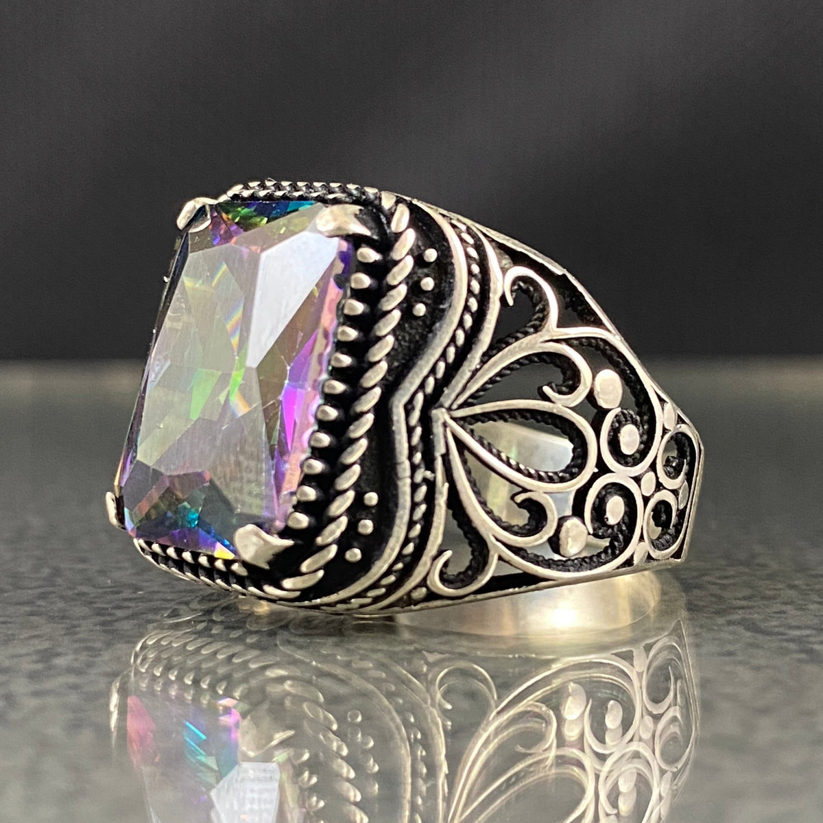 Men Handmade Original 925 Silver Mystic Topaz Rainbow Stone Ring