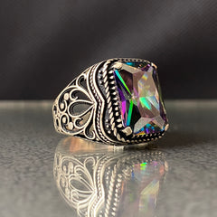 Men Handmade Original 925 Silver Mystic Topaz Rainbow Stone Ring