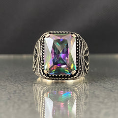 Men Handmade Original 925 Silver Mystic Topaz Rainbow Stone Ring