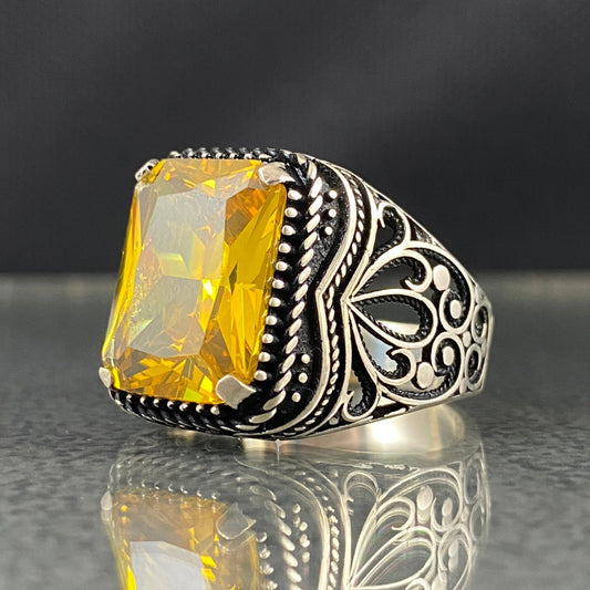 Yellow Citrine Stone 925 Sterling Silver Men Handmade Ring