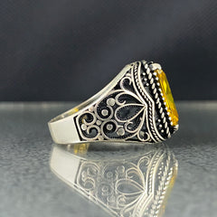 Yellow Citrine Stone 925 Sterling Silver Men Handmade Ring