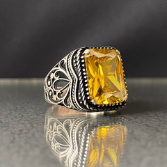 Yellow Citrine Stone 925 Sterling Silver Men Handmade Ring