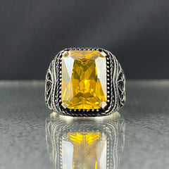 Yellow Citrine Stone 925 Sterling Silver Men Handmade Ring