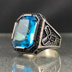 Blue Aquamarine Stone 925 Solid Handmade Men Ring