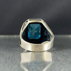 Blue Aquamarine Stone 925 Solid Handmade Men Ring