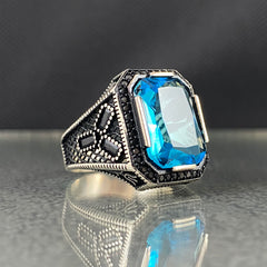 Blue Aquamarine Stone 925 Solid Handmade Men Ring