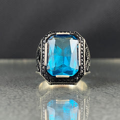 Blue Aquamarine Stone 925 Solid Handmade Men Ring