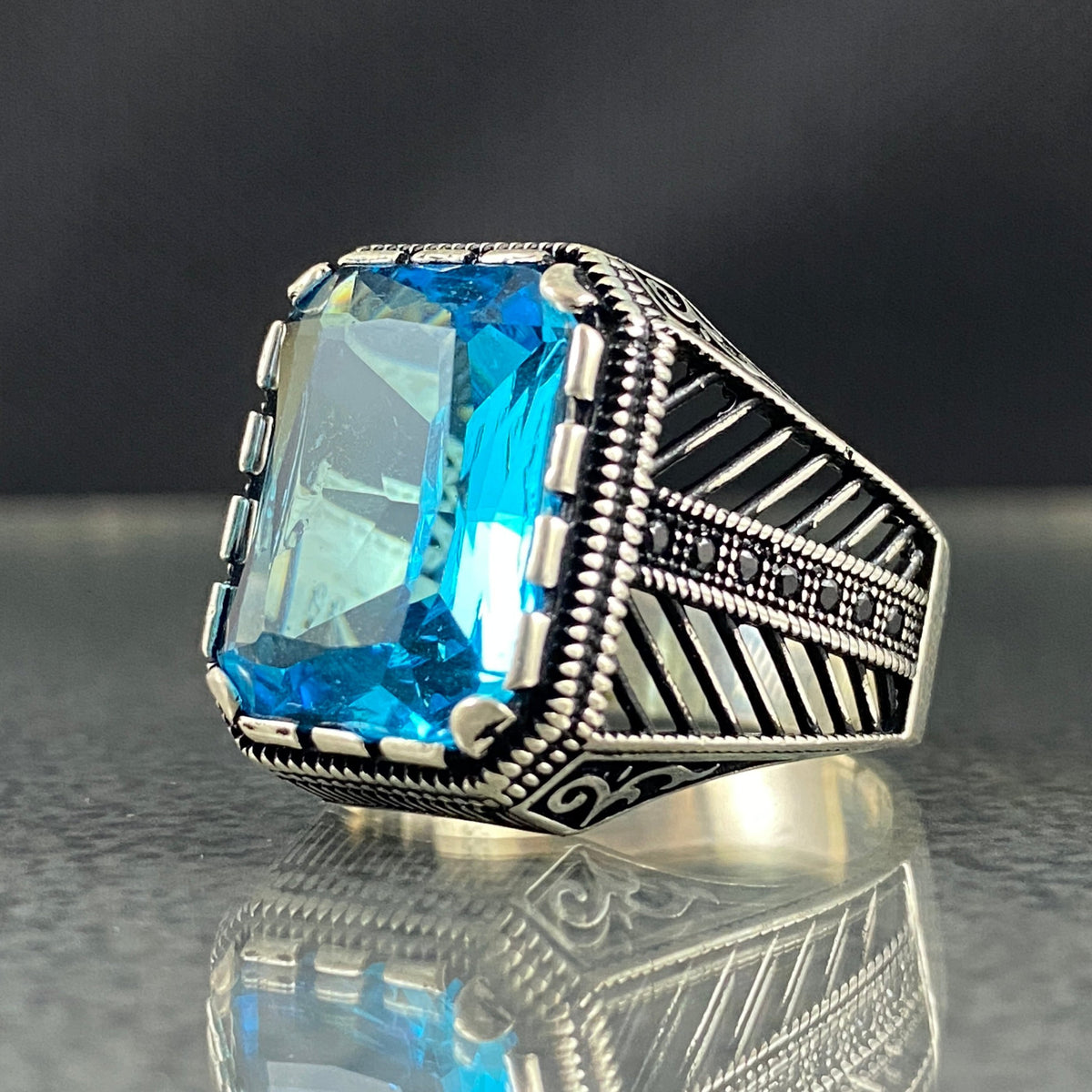 Blue Aquamarine Topaz 925 Solid Silver Men Handmade Ring