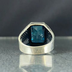 Blue Aquamarine Topaz 925 Solid Silver Men Handmade Ring