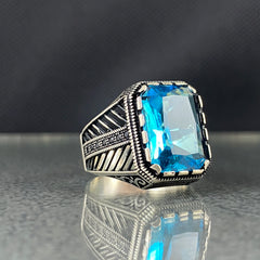 Blue Aquamarine Topaz 925 Solid Silver Men Handmade Ring