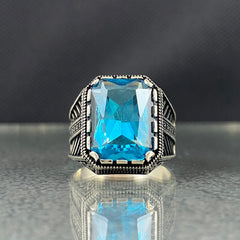 Blue Aquamarine Topaz 925 Solid Silver Men Handmade Ring