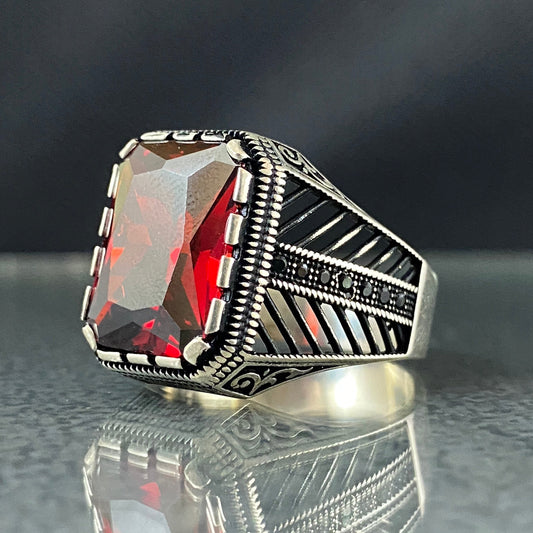 Red Ruby Stone 925 Solid Silver Handmade Men Ring