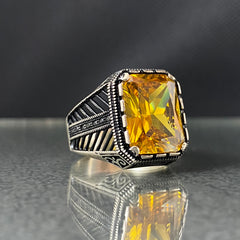 Yellow Citrine Stone 925 Solid Silver Handmade Men Ring