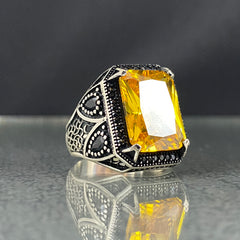 Yellow Citrine Stone 925 Sterling Silver Handmade Men Ring