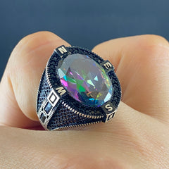 Oval Mystic Topaz Stone 925 Sterling Silver Men Ring