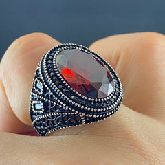 Oval Red Ruby Stone 925 Solid Silver Men Handmade Ring