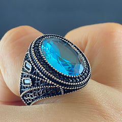 Oval Aquamarine Stone 925 Sterling Silver Men Ring