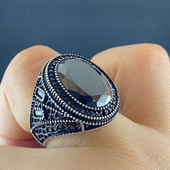 Oval Black Onyx Stone 925 Solid Silver Men Handmade Ring