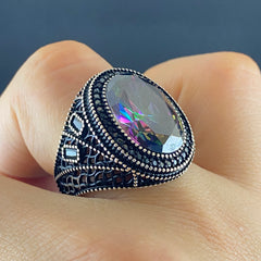 Oval Mystic Topaz Men Handmade 925 Silver Ring