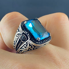 Original 925 Silver Men Handmade Aquamarine Stone Ring