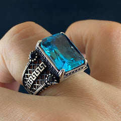 Blue Aquamarine Stone 925 Silver Men Ring