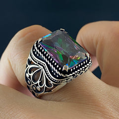 Men Handmade Original 925 Silver Mystic Topaz Rainbow Stone Ring