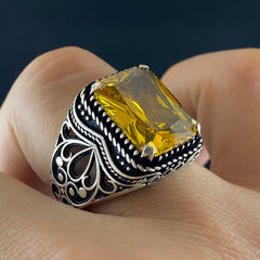 Yellow Citrine Stone 925 Sterling Silver Men Handmade Ring