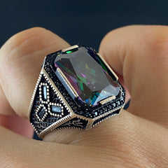 Mystic Topaz Stone 925 Solid Silver Men Handmade Ring