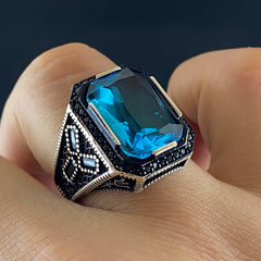 Blue Aquamarine Stone 925 Solid Handmade Men Ring