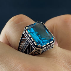 Blue Aquamarine Topaz 925 Solid Silver Men Handmade Ring