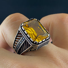 Yellow Citrine Stone 925 Solid Silver Handmade Men Ring