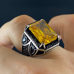 Yellow Citrine Stone 925 Sterling Silver Handmade Men Ring