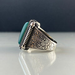 Green Agate Hand Engraved 925 Sterling Silver Men Ring