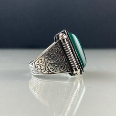 Green Agate Hand Engraved 925 Sterling Silver Men Ring