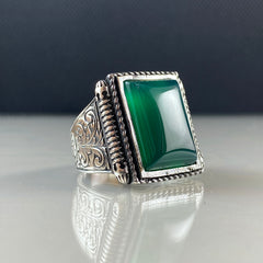 Green Agate Hand Engraved 925 Sterling Silver Men Ring