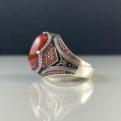 Red Agate Gemstone 925 Sterling Silver Men Ring