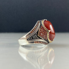 Red Agate Gemstone 925 Sterling Silver Men Ring