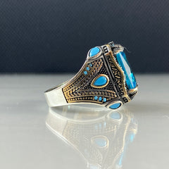 Blue Aquamarine Stone 925 Sterling Silver Men Ring