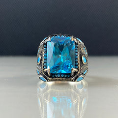 Blue Aquamarine Stone 925 Sterling Silver Men Ring