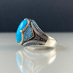 Oval Turquoise Men 925 Sterling Silver Handmade Ring