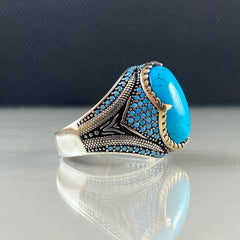 Oval Turquoise Men 925 Sterling Silver Handmade Ring