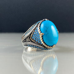 Oval Turquoise Men 925 Sterling Silver Handmade Ring