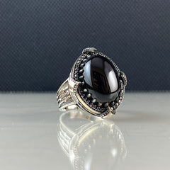 Oval Black Onyx Gemstone 925 Solid Silver Ring