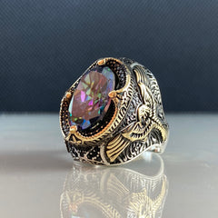 Large Mystic Topaz Gemstone 925 Sterling Silver Men Ring