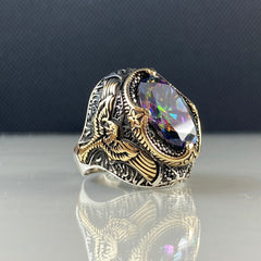 Large Mystic Topaz Gemstone 925 Sterling Silver Men Ring