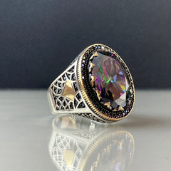 Large Stone Mystic Topaz 925 Sterling Silver Men Handmade Ring