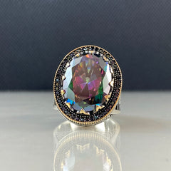 Large Stone Mystic Topaz 925 Sterling Silver Men Handmade Ring